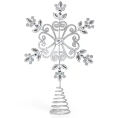 Ornativity Flower Snowflake Tree Topper &ndash; Silver Glitter Intricate Designed Floral Snowflake Shaped Ornament with Sparkling Gem Detailed Christmas Star Tree Top Decorations