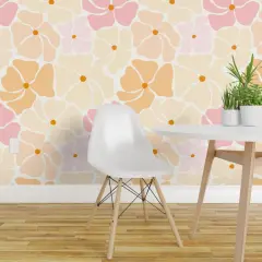 Pre-Pasted Wallpaper 2FT Wide Retro Floral Pink Yellow Orange Pastel Flowers Custom Pre-pasted Wallpaper by Spoonflower