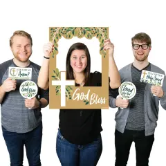 Big Dot of Happiness Elegant Cross - Religious Party Selfie Photo Booth Picture Frame and Props - Printed on Sturdy Material