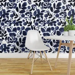 Pre-Pasted Wallpaper 2FT Wide Navy Blue White Floral Dark Indigo Watercolor Romantic Flowers Custom Pre-pasted Wallpaper by Spoonflower