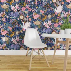 Pre-Pasted Wallpaper 2FT Wide Maximalist Tea Party Whimsical Chintz Pink Purple Mustard Swans And Flamingos Custom Pre-pasted Wallpaper by Spoonflower