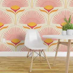 Pre-Pasted Wallpaper 2FT Wide Jumbo Palms Art Deco Palm Mid Century Blush Pink Mustard Beige Geometric Scallops Scales Large Scale Custom Pre-pasted Wallpaper by Spoonflower