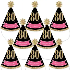 Big Dot of Happiness Chic 80th Birthday - Pink, Black and Gold - Mini Cone Birthday Party Hats - Small Little Party Hats - Set of 8