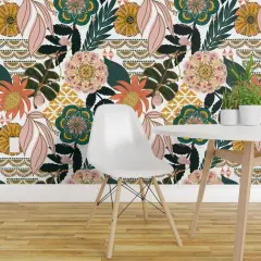 Pre-Pasted Wallpaper 2FT Wide Boho Botanical Maximalist Monstera Palms Floral Jungle Custom Pre-pasted Wallpaper by Spoonflower