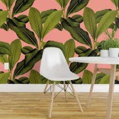 Peel & Stick Wallpaper 2FT Wide Tropical Botanical Coral Pink Palm Leaves Green Tree Banana Leaf Custom Removable Wallpaper by Spoonflower