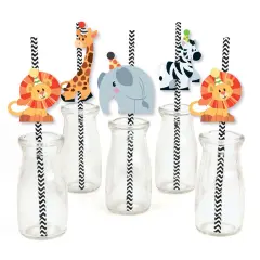 Big Dot of Happiness Jungle Party Animals - Paper Straw Decor - Safari Zoo Animal Birthday Party or Baby Shower Striped Decorative Straws - Set of 24