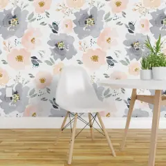 Peel & Stick Wallpaper 2FT Wide Blossoms Navy Bloom Farmhouse Children Custom Removable Wallpaper by Spoonflower