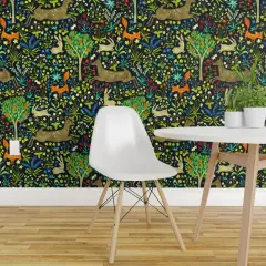 Peel & Stick Wallpaper 2FT Wide Medieval Animals Vintage Look Woodland Deer Fox Forest Wildflowers Custom Removable Wallpaper by Spoonflower