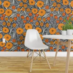 Pre-Pasted Wallpaper 2FT Wide Modern Flowers Nature Botanical Floral Orange Gray Black Mod Custom Pre-pasted Wallpaper by Spoonflower