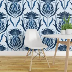 Peel & Stick Wallpaper 2FT Wide Thistle Damask Blue Plant Art Nouveau Hand Drawn Floral Navy Sky Custom Removable Wallpaper by Spoonflower