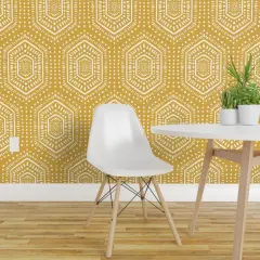 Peel & Stick Wallpaper 2FT Wide Bohemian Mudcloth Hexagon Geometric Sunflower Yellow Textured Look Custom Removable Wallpaper by Spoonflower