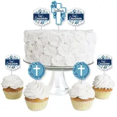 Big Dot of Happiness First Communion Blue Elegant Cross - Dessert Cupcake Toppers - Boy Religious Party Clear Treat Picks - Set of 24