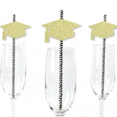 Big Dot of Happiness Gold Glitter Grad Cap Party Straws - No-Mess Real Gold Glitter Cut-Outs & Decorative Graduation Party Paper Straws - Set of 24