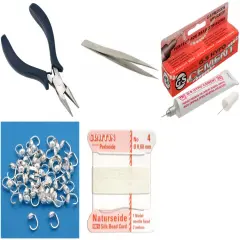 Bead Tip Kit - Pliers, Tweezers, Cement, 50 Bead Tips & White Bead Cord #4