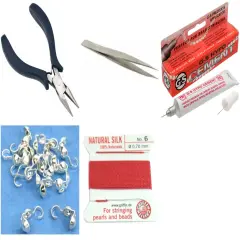 Bead Tip Kit - Pliers, Tweezers, Cement, 15 Bead Tips & Coral Bead Cord #6