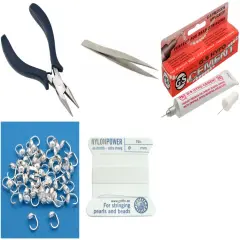 Bead Tip Kit - Pliers, Tweezers, Cement, 50 Bead Tips & White Bead Cord #6