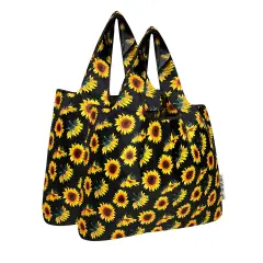 Wrapables Medium Foldable Tote Nylon Reusable Grocery Bag (Set of 2), Sunflowers