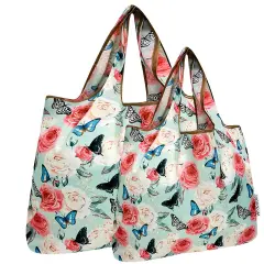 Wrapables Large & Small Foldable Tote Nylon Reusable Grocery Bags, Set of 2, Rose and Butterfly