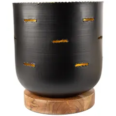 Northlight Iron and Foil Pillar Candle Holder with Wooden Base - 8.25" - Antiqued Black and Gold