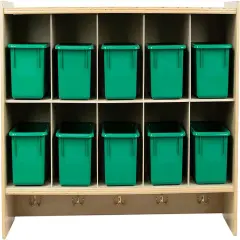 Cubby Storage Organizer Cubes, 10 Cubbies with Coat Hooks, Hanging Wall Cubby Shelf for Kids Toys, Daycare, Classroom, 47-Inch Width Green