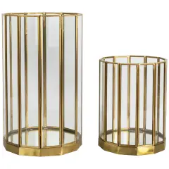 Northlight Glass Hurricane Mirrored Pillar Candle Holders - 11.75" - Brass Finish - Set of 2 Bronze