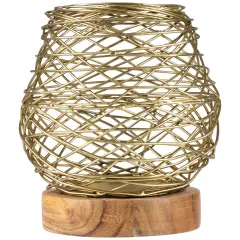Northlight Small Woven Iron Votive Candle Holder with Wooden Base - 6.25" - Brass Finish Gold