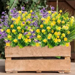 9pcs Artificial Flowers, UV Resistant Faux Outdoor Flowers, Fake Plastic Flowers for Hanging Planter Porch Window Garden Decoration Yellow Purple Green