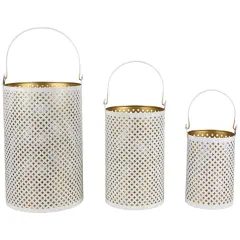 Northlight Laser-Cut Iron Candle Holders with Handles - 10" - White and Gold - Set of 3