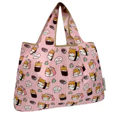 Wrapables Large Foldable Tote Nylon Reusable Grocery Bags, Doggy Sushi