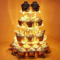 4 Tier Round Acrylic Cupcake Display Stand Holder With LED String Light Pastry
