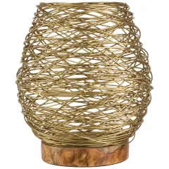 Northlight Medium Woven Iron Votive Candle Holder with Wooden Base - 8.5" - Brass Finish Gold