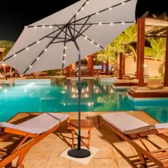 10 Feet Patio Solar Umbrella With Crank And Led Lights Beige