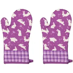 Northlight Hopping Bunnies Plaid Easter Kitchen Oven Mitts - 13.75" - Purple - Set of 2