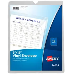 Avery File Envelopes, 9" x 12" Travel Document Organizer, Holds up to 60 Sheet, 10 Vinyl Envelopes (74804) Clear