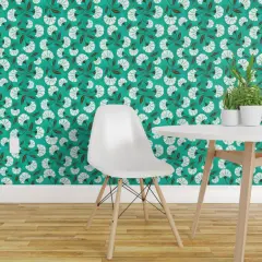 Peel & Stick Wallpaper 2FT Wide Weathered Teal Floral Nature Victorian Summer Garden Picnic Jade Green White Custom Removable Wallpaper by Spoonflower