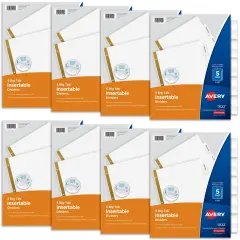 Avery 5 Tab Binder Dividers, White with Insertable Clear Big Tabs, 1 Set Pack, 8 Packs, 8 Sets Total (11122)