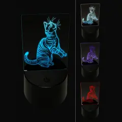 Playful Tabby Cat Domestic Shorthair 3D Illusion LED Night Light Sign Nightstand Desk Lamp