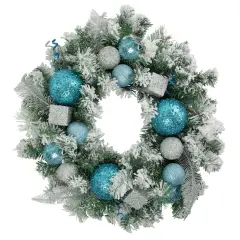 Northlight Flocked Pine with Glitter Ornaments Artificial Christmas Wreath - 24" - Unlit Blue