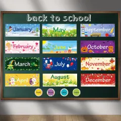 48 PCS Holiday Monthly Headliners Set 12 Months of The Year Headers Monthly Bulletin Board Borders Seasonal Monthly Headers with 36 Round Blank Confetti Cutouts for School Bulletin (Cute Style)