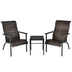 3 Pieces Patio Rattan Bistro Set with High Backrest and Armrest Brown