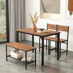 4 Pieces Rustic Dining Table Set with 2 Chairs and Bench Brown