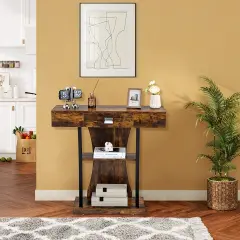 Console Table with Drawer and 2-Tier Shelves for Entryway Living Room Rustic Brown