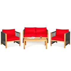 4 Pcs Acacia Wood Outdoor Patio Furniture Set with Cushions Red
