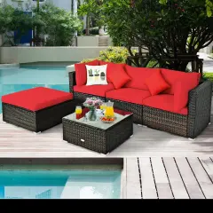 5 Pcs Outdoor Patio Rattan Furniture Set Sectional Conversation with Cushions Red