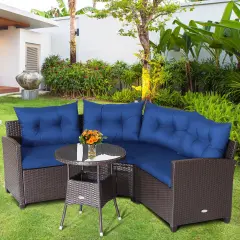 4 Pieces Patio Rattan Furniture Set Cushioned Sofa Glass Table Navy