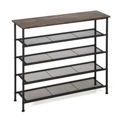 Rustic Brown Adjustable 5-Tier Metal Shoe Rack with 4 Shelves for 16-20 Pairs
