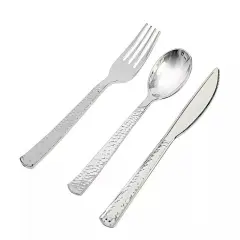 SILVER 24 Hammered Design 7" Plastic CUTLERY Spoons Forks