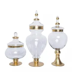 3 pcs 11" 16" 18" Clear with Gold Glass Apothecary Jars Containers with Lids