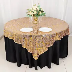 72" x 72" ROSE GOLD Tulle Square Table Overlay Wavy Embroidered Sequins