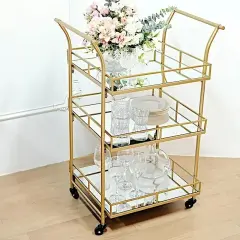 GOLD 3ft tall 3-Tier Rectangular Metal Bar Cart Mirror Glass Serving Trays